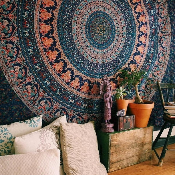 Blue Multicolor Elephant Mandala Tapestry Hippie Tapestry Wall Hanging Bed Cover